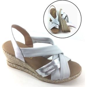 Stravers - Espadrilles Sandalen Sleehak Maat 44 Wit Leer Grote Maten Espadrilles