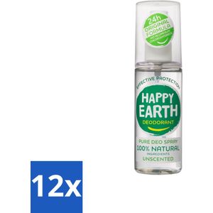 Happy Earth – Deodorant Spray – 100% Natuurlijk Unscented – 100 ml - Voordeelverpakking - 12 stuks