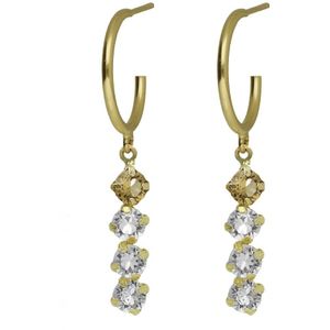 Cadeau voor haar - Victoria Cruz A4099-06DT Zilveren Halve Oorringen - Dames - Topaas - Wit en Champagne - Oorringen - 15,5 x 1,5 mm - Totoale Lengte 40 mm - Pouchette - Zilver - Gold Plated (Verguld/Goud op Zilver)