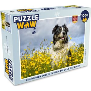 Puzzel Een border collie tussen de gele bloemen - Legpuzzel - Puzzel 1000 stukjes volwassenen