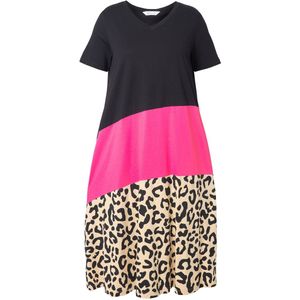 MIAMODA - Dames - Jurk A-lijn colorblocking met dierenprint - Zwart - Maat 42