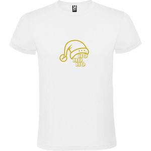 Wit T-Shirt met “ Kerst Muts / Ho Ho Ho “ Afbeelding Goud Size XXL