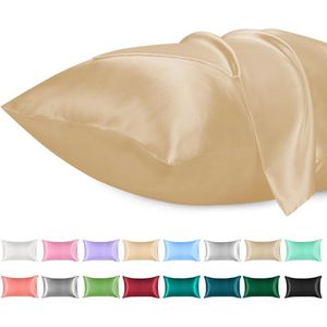 2 Pack Satijnen Kussenslopen, Standaard Formaat Zacht Effen Kleur Microfiber Satijnen Kussensloop, Envelop Sluiting Kreukvrij Vervagingsbestendig Ademend (50x90 cm, Champagne)