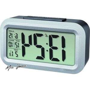 Mrs. Jones Zendergestuurde Wekker LUMIO PLUS 60.2553.01 - Groot LCD Display - Datum en Binnentemperatuur - Wekalarm - Snooze Functie - Automatische Achtergrondverlichting - Zwart/Zilver .