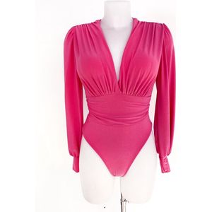 Basic bodysuit - Fuchsia/roze - Met lange mouwen - Veel stretch - V-hals - Met haakjessluiting - One-size - Een maat