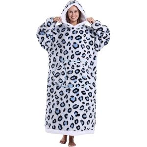 Oversized Hoodie Deken met Grote Zak – Extra Zachte en Warme Draagbare Deken voor Dames & Heren – One Size – Blauw met Luipaard Print