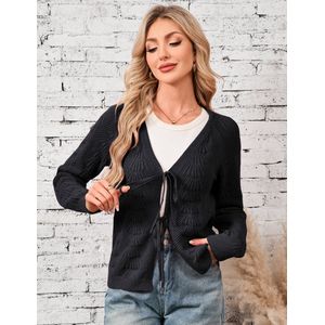 Dames Vest Met Strik Aan De Voorkant, Cropped Gebreide Trui, Elegante Gebreide Vest Met Lange Mouwen, Casual Gebreide Top Zwart S