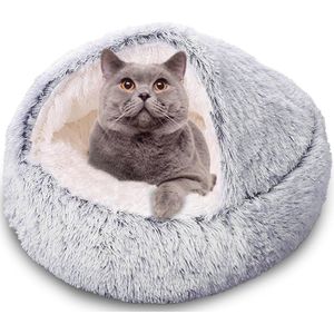 Knus Kattenbed in Donutvorm - Zachte Pluche Kattenkussen - Warm en Comfortabel - Antislip Bodem - Voor Kleine en Middelgrote Huisdieren - Ideaal voor Binnenrust (Grijze Pluche)