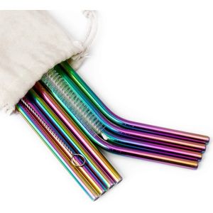 New Age Devi - Herbruikbare metalen rietjes - Regenboogkleurige smoothie rietjes - 8 stuks - Recht en gebogen - RVS - Duurzaam en milieuvriendelijk - Perfect voor elke drank - Ideaal voor thuis en onderweg