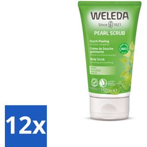 12 x WELEDA - Douchecrème Pearl Scrub - Berken - 150 ml - Natuurlijke Scrub - Berkenblad - Waxparels - Carnauba-was - Bijenwas