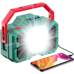 Homesy - Draagbare FM-radio, 4 in 1 oplaadbare 1500 lm dimbare LED-werklamp, multifunctionele LED-schijnwerper, draadloze Bluetooth-luidspreker, 8000 mAh powerbank, voor kamperen, wandelen