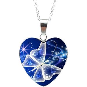 Verzilverde Bedel Vlinder | Hanger | Ketting Wit / Blauw | Hart Cadeau Sierraad