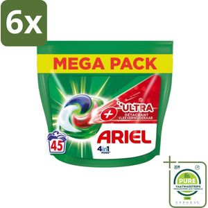 Ariel +Ultra - Vlekverwijderaar & Wasmiddelcapsules - 4in1 Pods - Witte en Gekleurde Was - 45 Capsules - Voordeelverpakking - 6 stuks - Wasmiddelcapsules - Vlekkenverwijderaar
