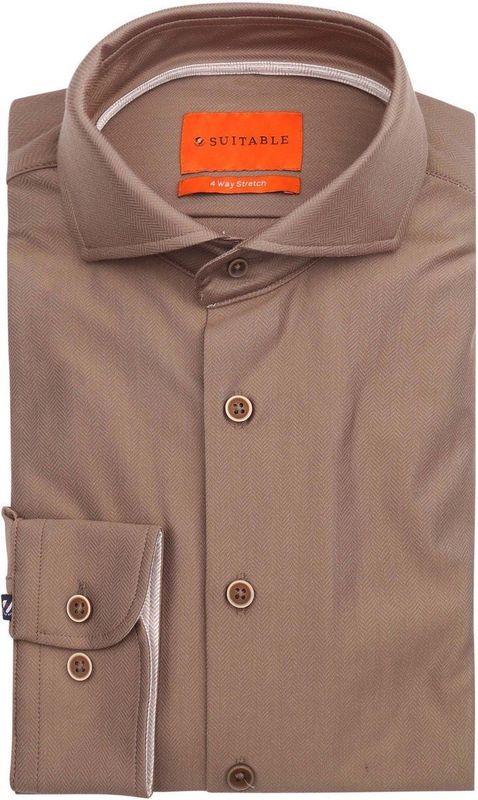 Suitable - Herringbone - Overhemd - Bruin - Slim-fit - Lange Mouw