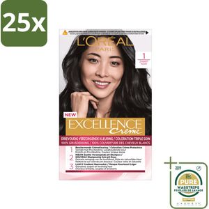 25 x L'Oréal Excellence Crème Permanente Crèmekleuring 1 Zwart - Grootverpakking - Haarverf - Grijsdekking - Permanente Haarverf - Zwart Haar - Crème Kleuring