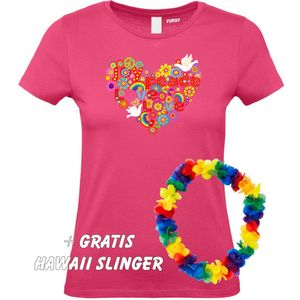 Dames T-shirt Love Peace Hart | Love for all | Gay Pride | Regenboog LHBTI | Fuchsia dames | maat XS