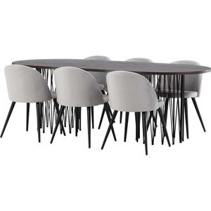 Stone eethoek tafel mokka en 6 Velvet stoelen grijs.