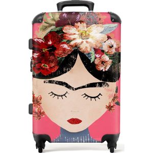 NoBoringSuitcases.com - Grote koffer - Frida Kahlo - Vrouw - Vintage - Bloemen - Kunst - Reiskoffer met 4 wielen - Trolley op wieltjes - Rolkoffer groot - 60 liter - Ruimbagage valies 20kg - Valiezen voor volwassenen
