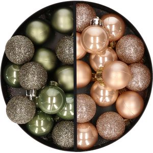 Kunststof kerstballen -28x st.- legergroen en lichtbruin -3 cm- kunststof