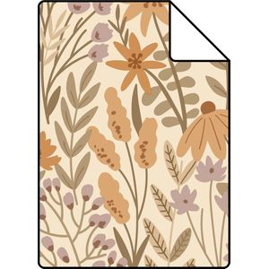 Proefstaal ESTAhome behang veldbloemen beige, oranje en lila paars - 139790 - 26,5 x 21 cm