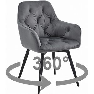 Stoel JORK 360 - Donkergrijs Velvet - Zwarte Metaalpoten - Luxe Eetkamerstoel - Fauteuil - Met Armleuning - 360° Draaibaar - Modern Design - Elegant en Comfortabel voor Woonkamer, Keuken of Eetkamer - Max. 110 kg