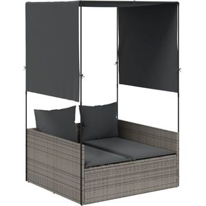 vidaXL Dubbel Ligbed - Dubbele Ligbedden - Ligbed - Tuinstoel - Ligbed tweepersoons met dak en gordijn poly rattan grijs