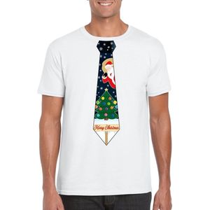 Wit kerst T-shirt voor heren - Kerstman en kerstboom stropdas print L