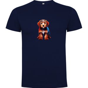 Donker Blauw T-Shirt met “Kleurrijke Staande Labradoodle Pup “ Print Full Color maat 104 / 3/4 jaar