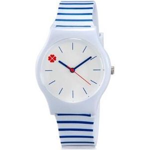 Siliconen meisjes horloges - klavertje 4 - wit-blauw gestreept - 35 mm - I-deLuxe verpakking