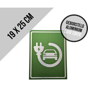 Pictogram/ bord geborsteld aluminum | Oplaadpunt elektrische wagens | 19 x 25 cm | Luxe uitvoering | Parkeren | Laadpaal | Oplaadstation | Laad station | Laden | Auto opladen | Eco | Voorbehouden | Parkeersignalisatie | Dikte: 3 mm | 1 stuk