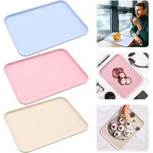 Set van 3 dienbladen, rechthoekige fastfooddienbladen, dienbladen voor voedseldranken, plastic dienblad voor restaurant, café, keuken, feest (roze, blauw, beige
