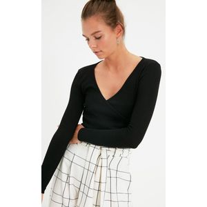 Trendyol - Twoaw21Bz1274 - Blouse - Zwart - Aansluitend - Geribbelde Gebreide Stof Met Lange Mouwen