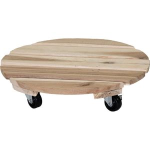 Mega Collections Plantenpot trolley - acacia hout - lichtbruin - rond - 30 x 30 cm - max 50 kilo