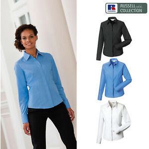 Russell - Poplin Shirt - Bedrijfsblauw - Dames Lange Mouwen - Poly-Katoen