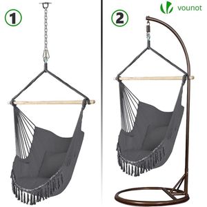 VOUNOT Hanging Chair with 2 Cushions & Book Compartment - XXL Hammock Swing for Indoor and Outdoor Use (Grey)