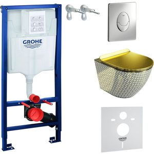 Inbouwreservoir Complete Toiletset Grohe Solido 39069000 - Inbouw WC Hangtoilet Wandcloset Sofi Slim Golden Never Die - Bedieningsplaat Skate Air Chroom - Voorwandelement - Installatiesysteem