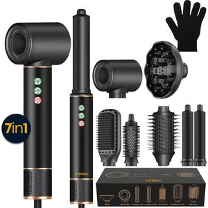 Actueell®Pro Airstyler krultang 7 in 1 Multistyler Föhn - 1400 Watt Haarstyler - Hairwrap Föhnborstel - Haardroger - Stijlborstel en Krulborstel – Warmteborstel – Thermal Brush- Heteluchtborstel – Haarfohn - Warmte handschoen - Zwart