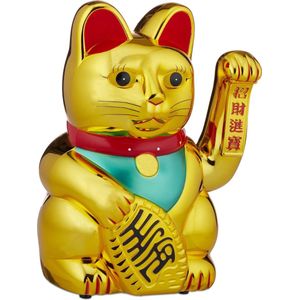 Relaxdays zwaaiende kat - geluksbrenger - goud - XL - maneki neko - gelukskat