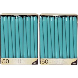 100x stuks Voordeelverpakking dinerkaarsen turquoise blauw - 25 cm - 7 branduren