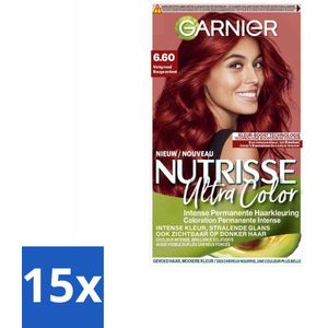 15 x Garnier - Nutrisse Ultra Color 6.60 - Haarkleuring - Vurig Rood - Voedend - Permanente Kleur - Haarverf - Permanent - Rood - Grijsdekking - Voedend