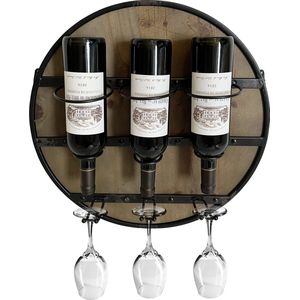 HOMBLE Wijnrek Muur - Wijnglazenhouder - Industrieel Wijnrek Hout - Hangend - Voor 3 Flessen en 3 Glazen