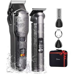 HATTEKER Tondeuse en 4-in-1 Trimmer Set – Haar- en Baardtrimmer, Precisietrimmer, Neushaartrimmer, Lichaamshaartrimmer – Opbergcase – Cadeau voor Mannen – Grijze