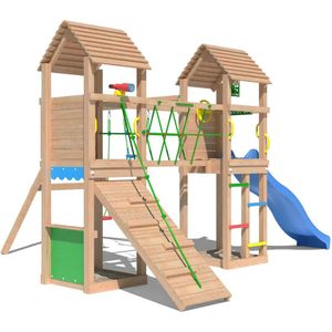 Jungle Gym speeltoestel van douglas hout - Jungle Gatehouse met blauwe glijbaan - Tuin speeltoestel voor buiten met balanceerbrug, klimhelling en winkeltje