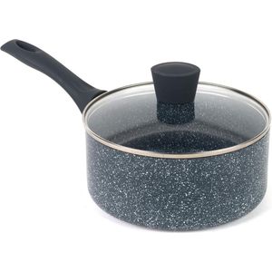 Nightfall Saucepan With Lid - Non-Stick 20 cm - Suitable For All Hobs - Induction Compatible - Easy Clean - Blue Marble Finish glass pan lid