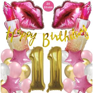 Snoes Mega Beauty Helium Ballonnen Set 11 Jaar - Roze Helium Folieballonnen - Slinger Happy Birthday Goud