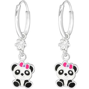 Joy|S - Zilveren panda bedel oorbellen - pandabeer met roze strikje - oorringen - met La Crystale kristal
