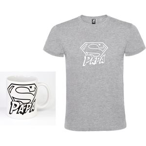 Grijs T-Shirt met Bijpassende Koffiemok “Super Papa “ Afbeelding Wit Size S