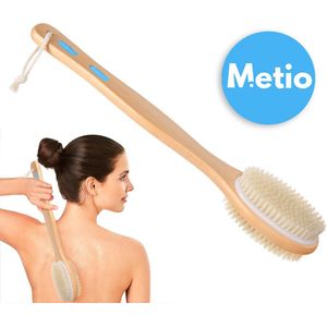 Metio - Body Brush & Rugscrubber - Lange Handgreep - Dubbelzijdig (Zacht & Stug) - Voor Nat & Droog Borstelen - Hout