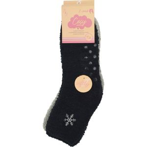 Fluffy huissokken dames - antislip sokken - zwart & grijs - snow embroidary - super zacht - maat 36/41 - huis sloffen