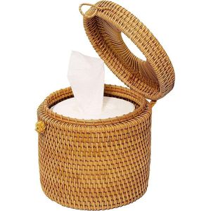 Kagodri Rotan ronde tissuedoos, rieten toiletpapierhouder met deksel, ronde containerdispenser, geschikt voor badkamer, woondecoratie